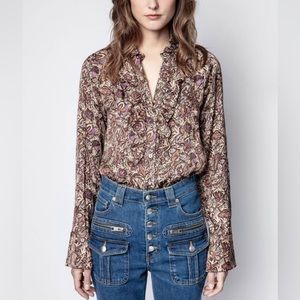 NWOT Zadig & Voltaire Tuska Satin Brown Printed Blouse